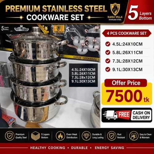 Kv-1009, 5 Layers Induction Based, Big Size- 8pcs Kaisa Villa Stainless Steel Cookware Set Best Quality & Best Price in BD
