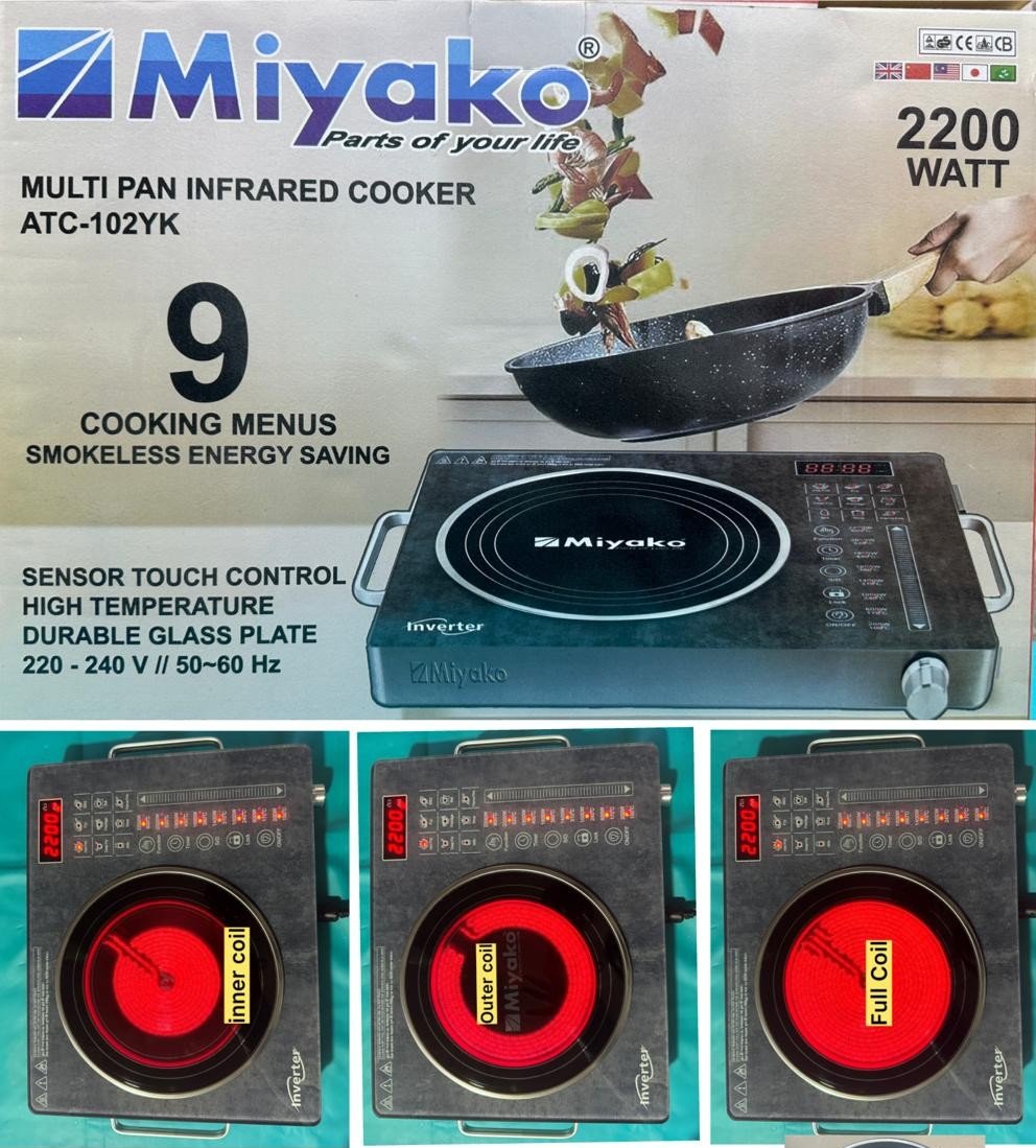 Miyako 2200W Multi Pan Infrared Cooker ATC-102YK Duble Coil & Duble Glass Plate, Best Price in BD